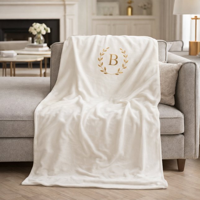 Ivory gold monogrammed wreath elegant fleece blanket (Creator Uploaded)