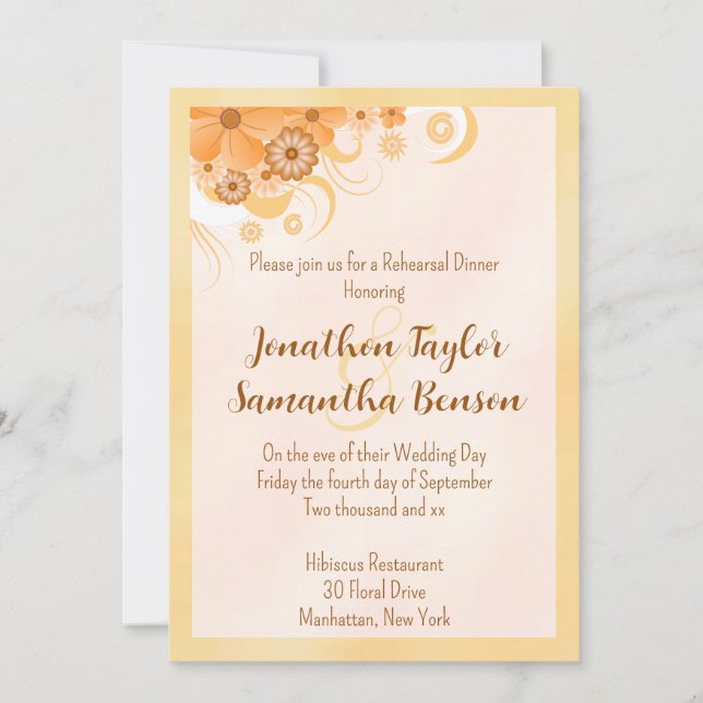 Ivory Gold Peach Hibiscus Floral Rehearsal Dinner Invitation (Front)
