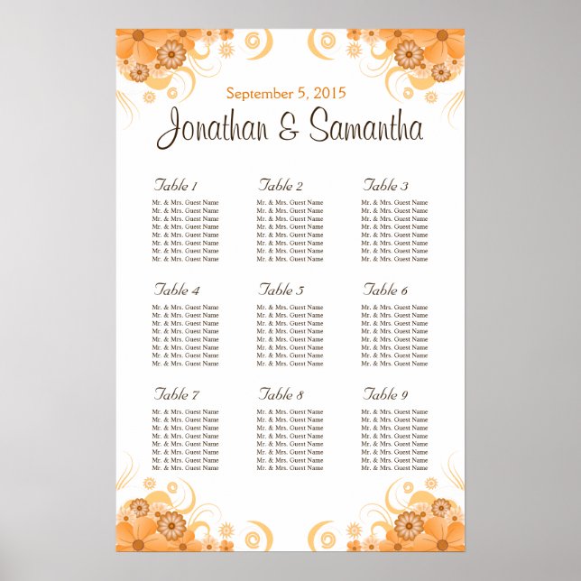 Ivory Gold Peach Wedding Table Seating Charts (Front)