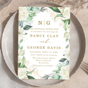  Ivory Gold Rose Floral Frame Monogram Wedding Invitation