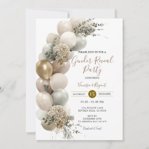 Ivory Gold Sage Neutral Balloon Gender Reveal  Invitation