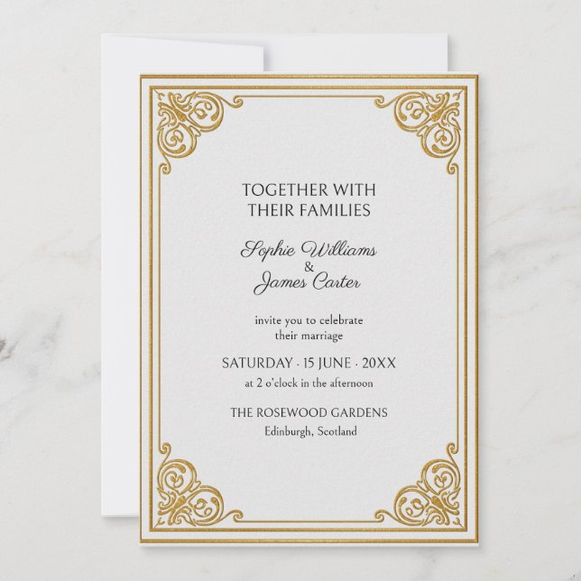 Ivory Gold Scroll Corner Wedding Invitation (Front)
