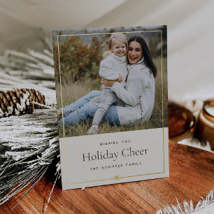 Ivory & Gold   Simple Minimal Christmas Bow Photo Foil Holiday Card