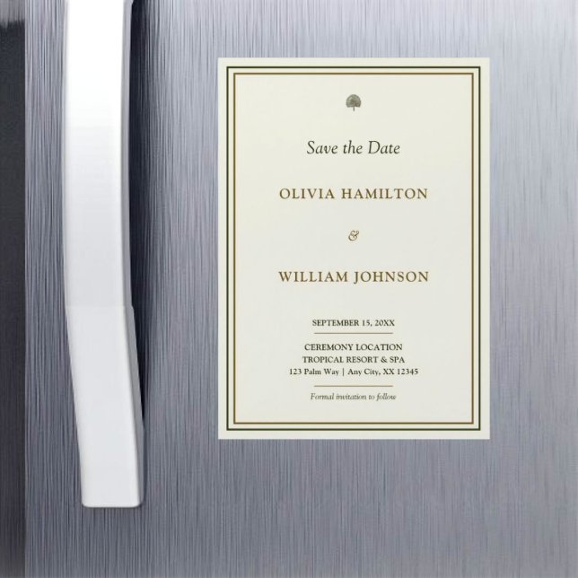 Ivory & Gold Vertical Save the Date Magnet (A chic 5x7 ivory and gold border Save the Date magnet your guests will love keeping on display.)