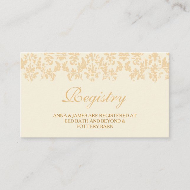 Ivory & Gold Vintage Damask Wedding Registry Card (Front)