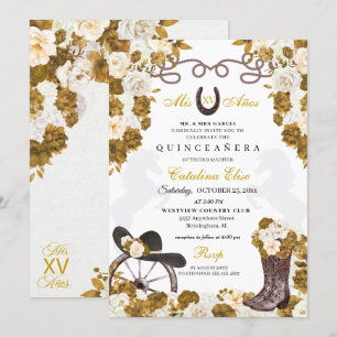 Ivory Gold Western Charro Boots Quinceanera Invitation
