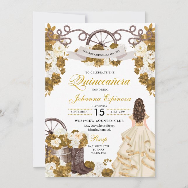 Ivory Gold Western Ranchero Cowgirl Quinceanera Invitation (Front)