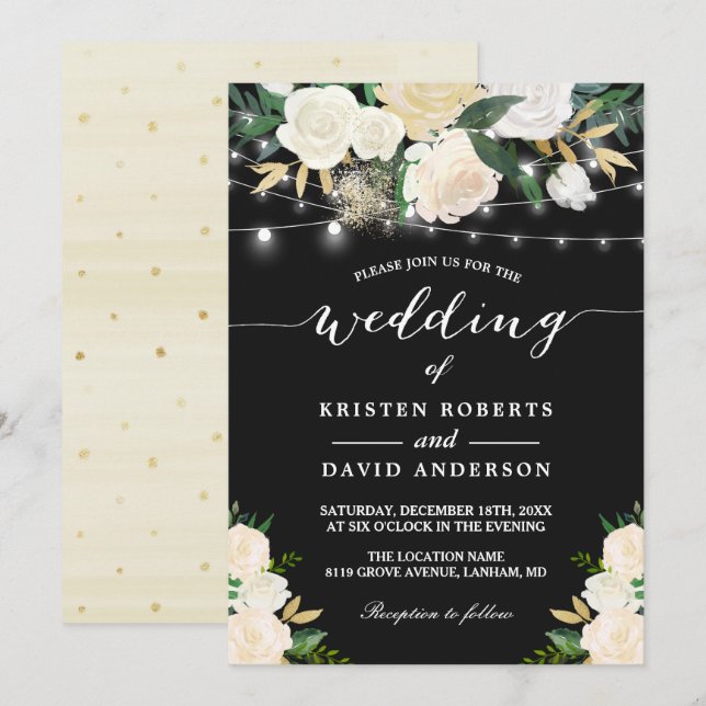 Ivory Gold White Floral String Lights Wedding Invitation (Front/Back)