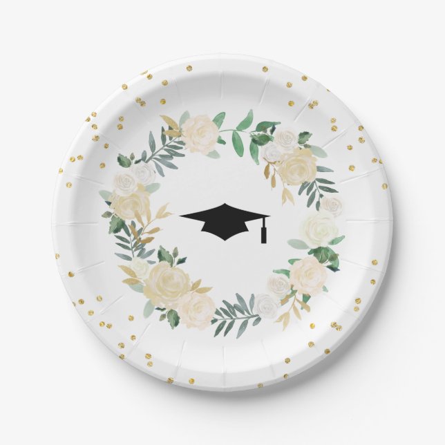 Ivory Golden Floral Modern Frame Graduation Party Paper Plate (Front)