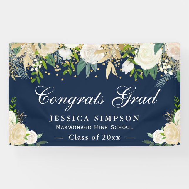Ivory Golden Floral Modern Graduation Graduate Banner (Horizontal)