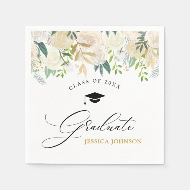 Ivory Golden Floral Modern Style Graduation Party Napkin (Front)