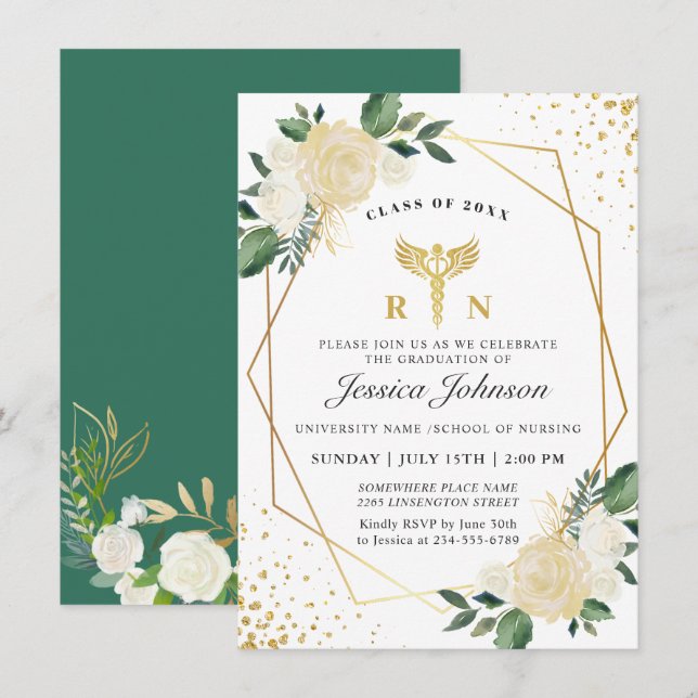 Ivory Golden Floral Nursing School Graduation Invitation (Front/Back)