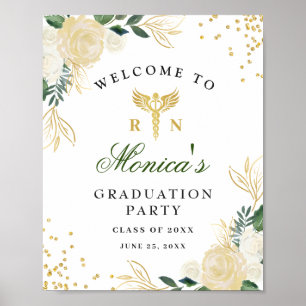 Ivory Golden Floral  Welcome Graduation Party Poster