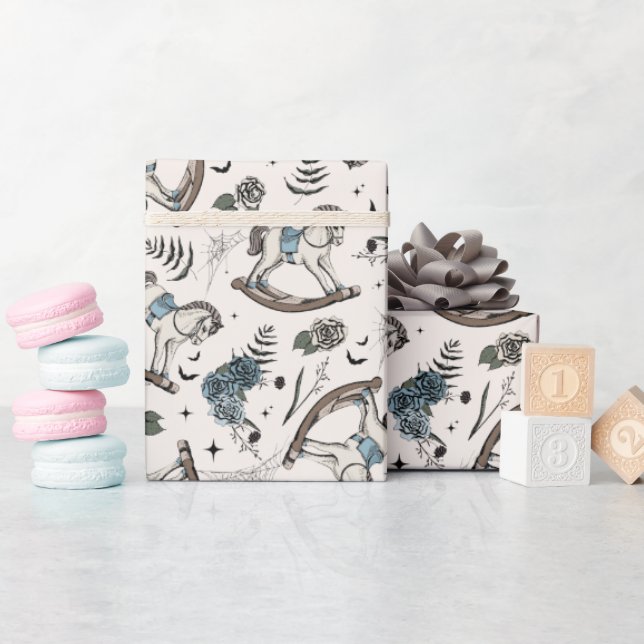 Ivory Goth Baby Rocking Horse Pattern Wrapping Paper (Baby Shower)