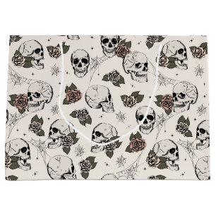 Ivory Gothic Skulls and Roses Halloween Large Gift Bag