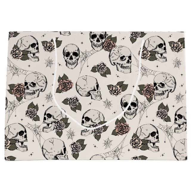 Ivory Gothic Skulls and Roses Halloween Large Gift Bag (Front)