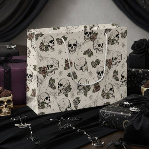Ivory Gothic Skulls and Roses Halloween Large Gift Bag