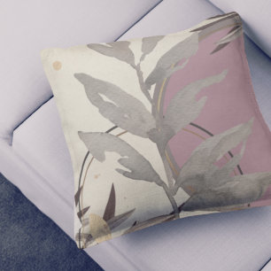 Ivory Gray & Pink Artistic Watercolor Leaves Cushion