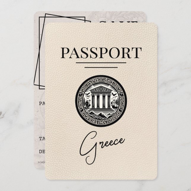 Ivory Greece Passport Save the Date Card (Front/Back)