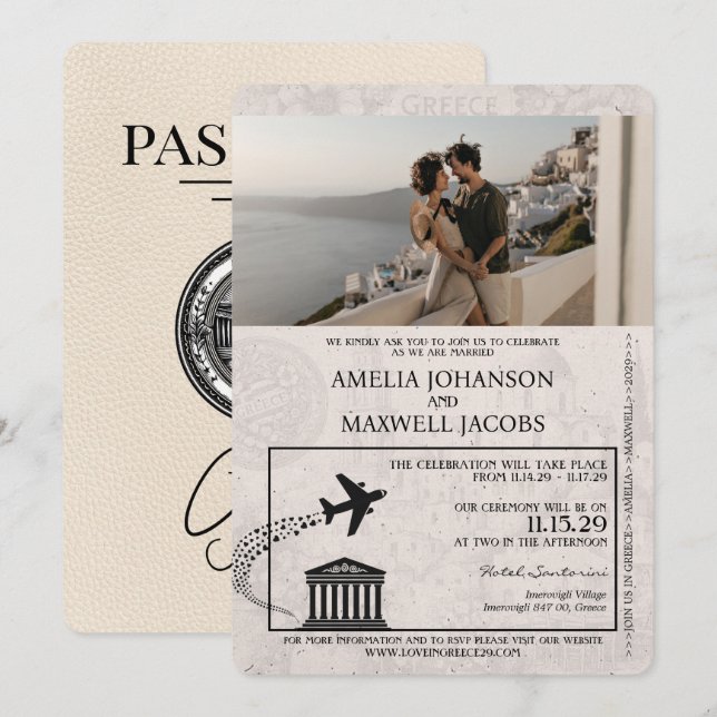 Ivory Greece Passport Wedding Invitation (Front/Back)