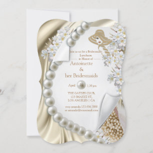Ivory,Green,Blue,gold Silk & Pearls Bridal Party Invitation