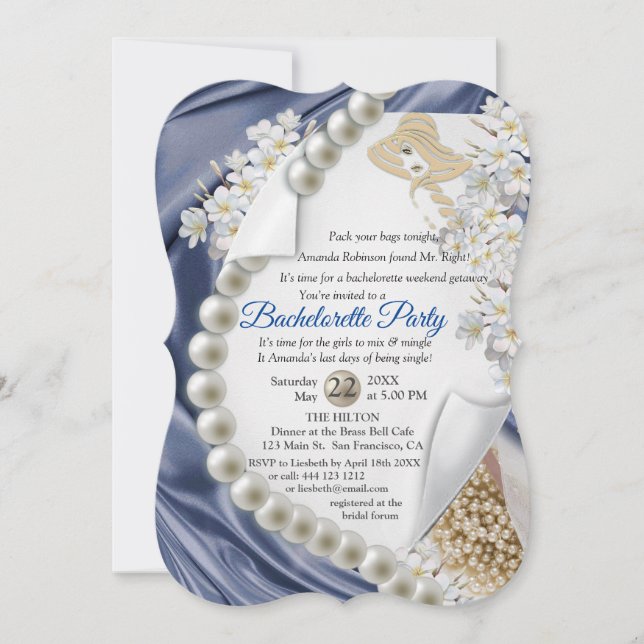 Ivory,Green,Blue,Gold Silk & Pearls Bridal Shower Invitation (Front)