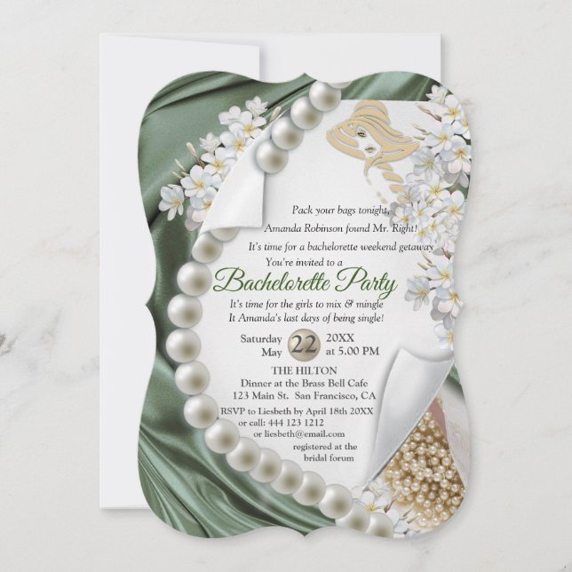 Ivory,Green,Blue,Gold Silk & Pearls Bridal Shower Invitation (Front)