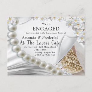 Ivory,Green,Blue,gold Silk & Pearls Engagement Invitation Postcard