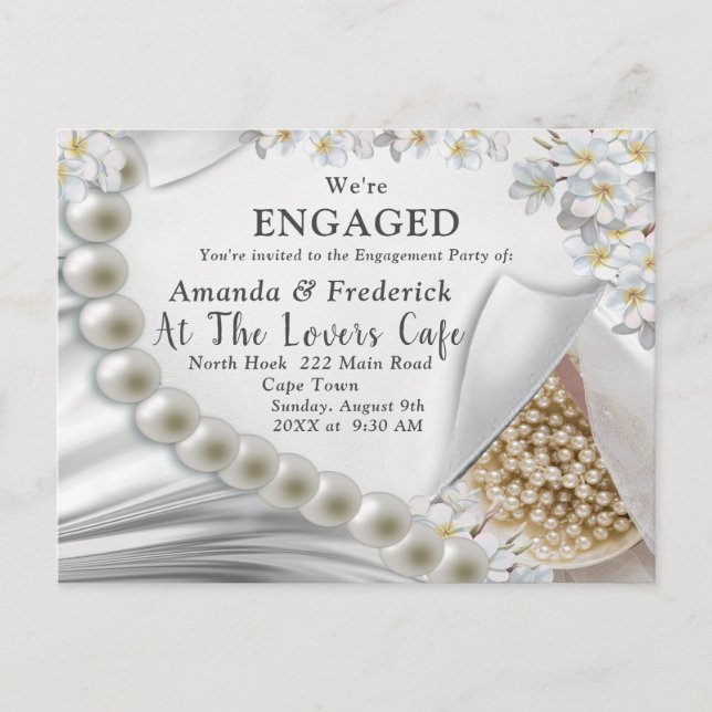 Ivory,Green,Blue,gold Silk & Pearls Engagement Invitation Postcard (Front)