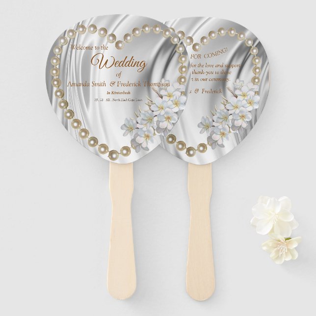 Ivory,Green,Blue,gold Silk & Pearls Hand Fan (Front and Back)