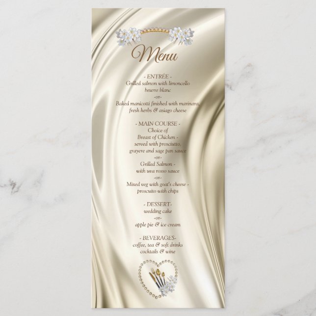 Ivory,Green,Blue,Gold Silk & Pearls Menu (Front)