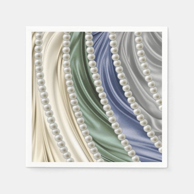 Ivory,Green,Blue,Gold Silk & Pearls Napkins (Front)
