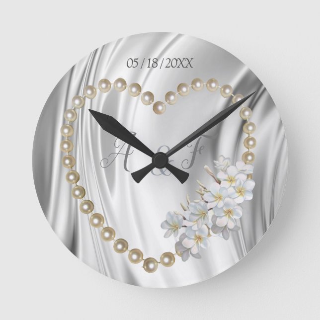 Ivory,Green,Blue,gold Silk & Pearls Round Clock (Front)