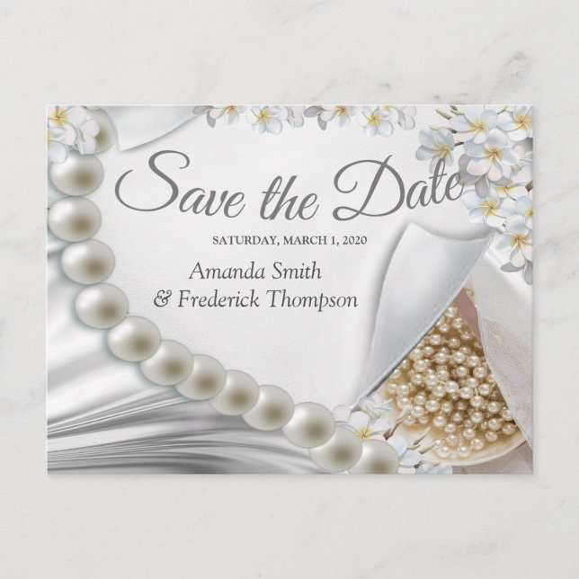 Ivory,Green,Blue,gold Silk & Pearls Save the Date Announcement Postcard (Front)