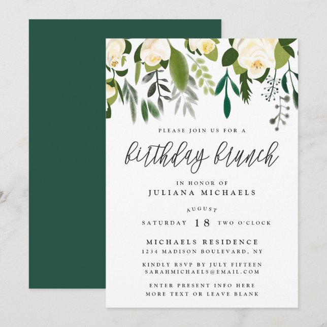 Ivory & Green Botanical Birthday Brunch Invitation (Front/Back)