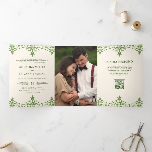 Ivory Green Damask Ethnic QR Code Indian Wedding Tri-Fold Invitation (Inside)