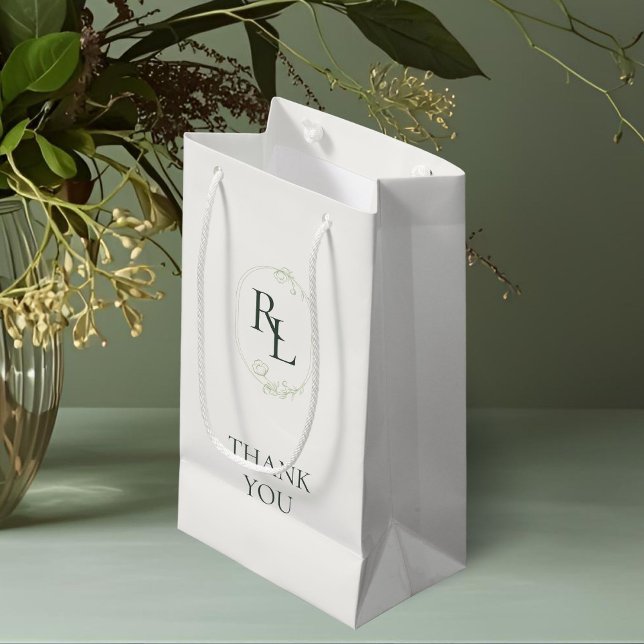Ivory | Green Floral Monogram Wedding Thank You Small Gift Bag (Creator Uploaded)