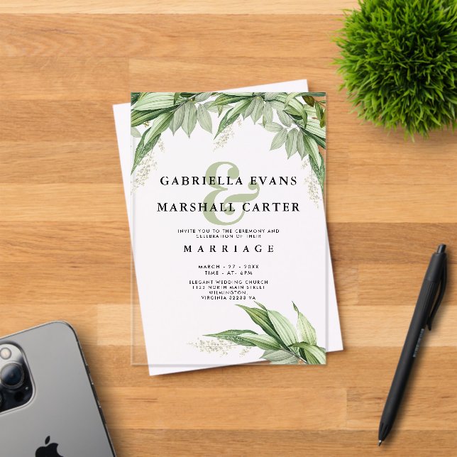 Ivory green foliage floral ampersand wedding acrylic invitations (Insitu (Invitation Card))