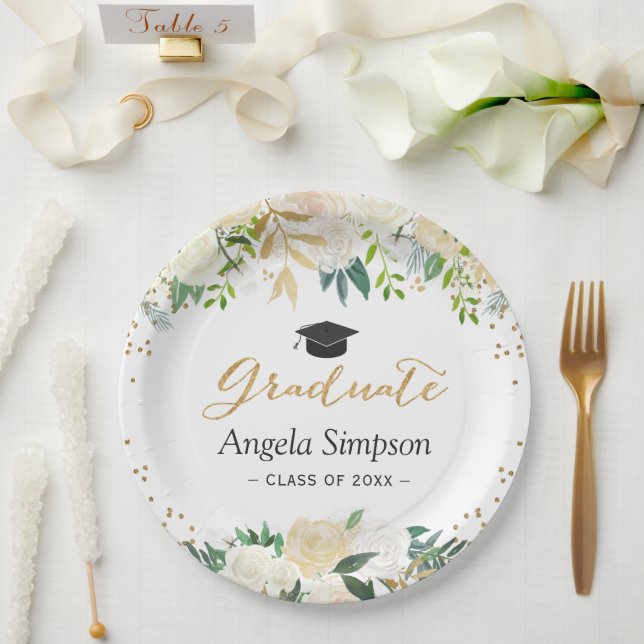 Ivory Green Gold Floral Graduation Graduate Paper Plate (Wedding)