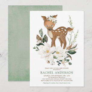 Ivory Green Magnolia Woodland Deer Baby Shower Invitation