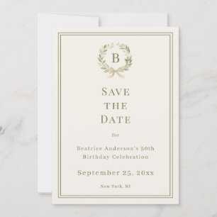 Ivory green monogram wreath birthday save the date