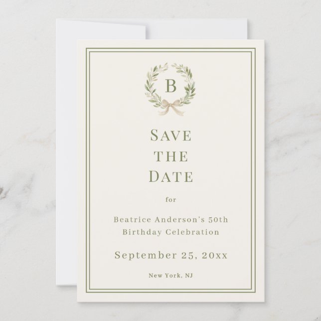Ivory green monogram wreath birthday save the date (Front)