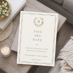 Ivory green monogram wreath birthday save the date<br><div class="desc">A soft ivory coloured background,  muted sage green frame and wreath.  Personalise and add your monogram initial,  name and the details.</div>