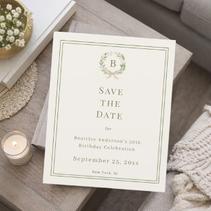 Ivory green monogram wreath birthday Save the Date