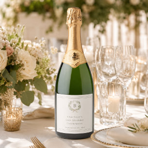 Ivory green monogram wreath birthday sparkling wine label