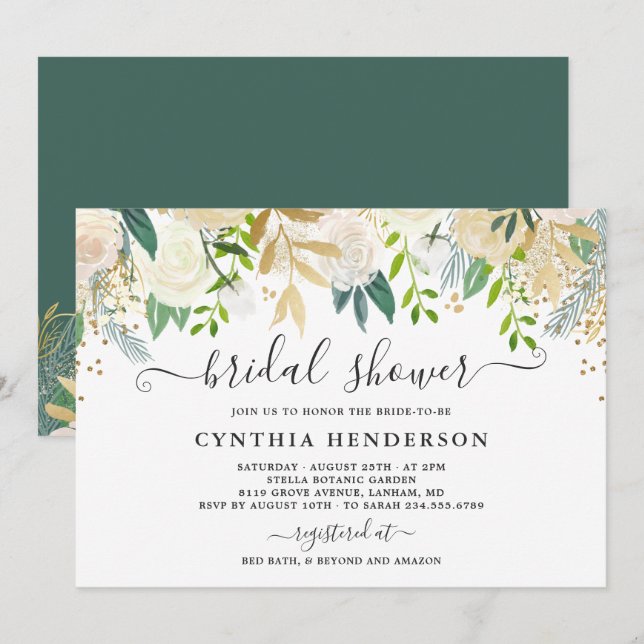 Ivory Greenery Gold Bloom Floral Bridal Shower Invitation (Front/Back)