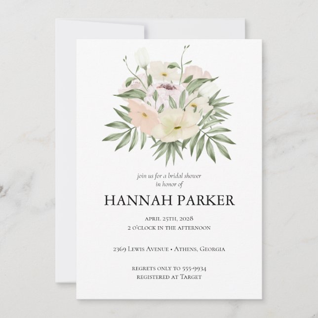 Ivory Greenery Watercolor Floral Bridal Shower Invitation (Front)