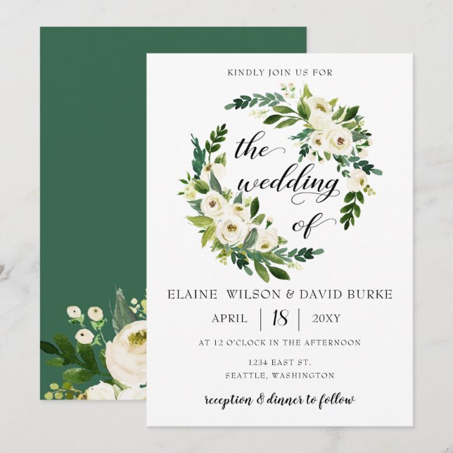 Ivory greenery white roses  floral wreath wedding invitation (Front/Back)