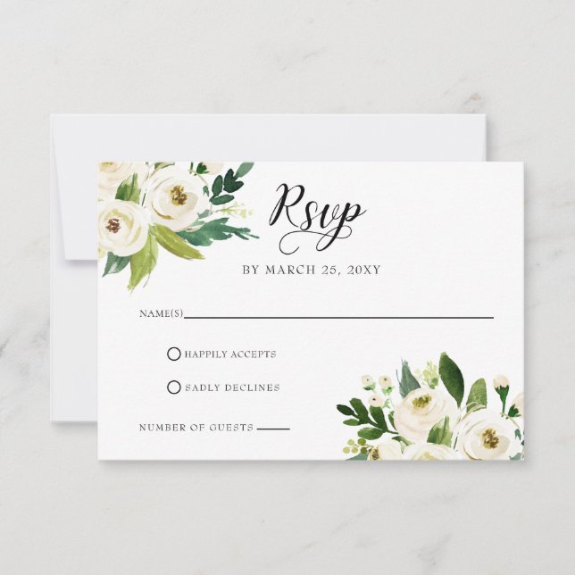 Ivory greenery white roses  floral wreath wedding RSVP card (Front)