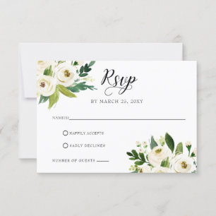 Ivory greenery white roses floral wreath wedding RSVP card